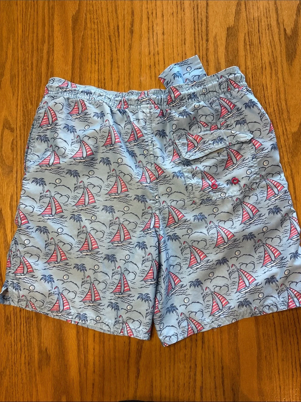 Vineyard Vines Light Blue Sailboat Print Swim Trunks with Red Accents